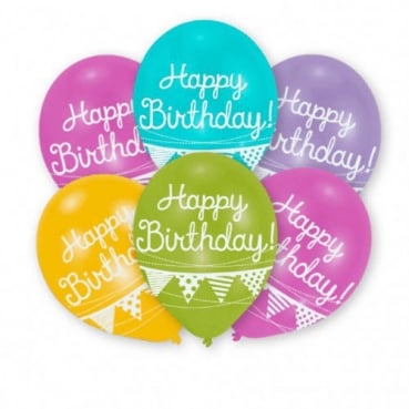 6 Luftballons Happy Birthday in bunten Metallic Farben