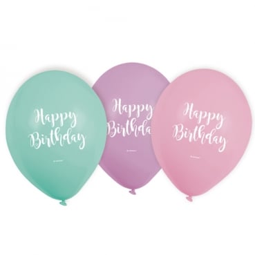 6 Luftballons Geburtstag -Happy Birthday- in Pastellfarben