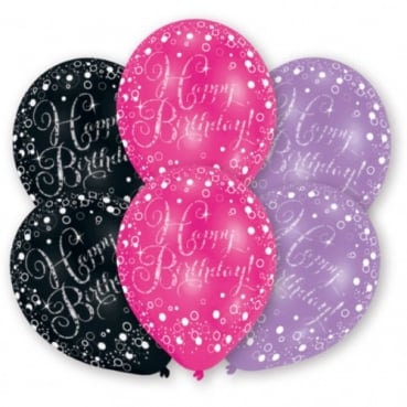 6 Luftballons Happy Birthday Pink/Lila/Schwarz metallic