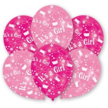 6 Luftballons Taufe, Baby -It's a Girl- in Rosa/Pink