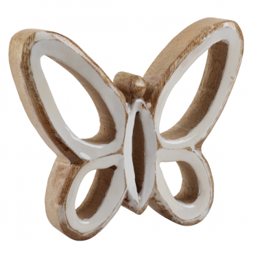 Dekofigur Schmetterling aus Mangoholz in Weiß/Braun, 14,5 cm.