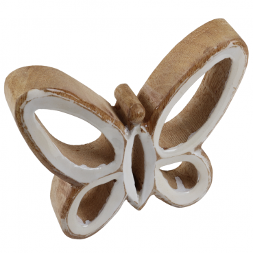 Dekofigur Schmetterling aus Mangoholz in Weiß/Braun, 14,5 cm.