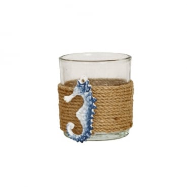Teelichtglas Maritim, Seepferdchen in Blau/ Weiß, 80 mm