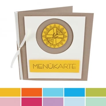 Menükarte Kommunion, Konfirmation, Kreuz, Taube, in 10 Farben