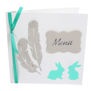 Menükarte Ostern, Federn, Hasen in Hellgrau/Mintgrün glitzernd