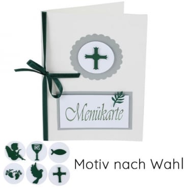 Menükarte Kommunion, Konfirmation, Taufe in Weiß/Dunkelgrün mit 6 Motiven zur Auswahl