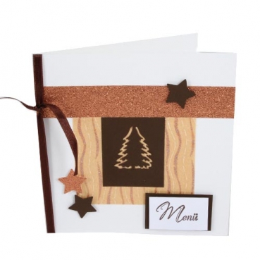 Menükarte Weihnachten, Sterne, Tannenbaum in Braun/Kupfer