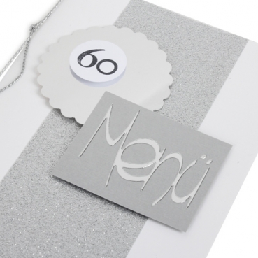 Menükarte Geburtstag Glitzer in Silber mit auswählbarer Jahreszahl