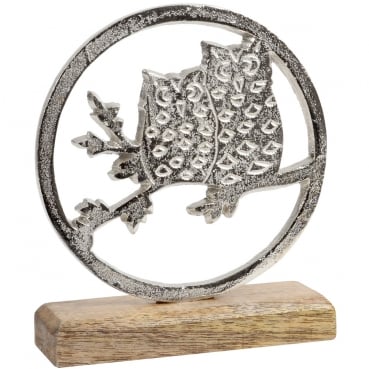 Metall Eulen auf Holzsockel, 18 cm