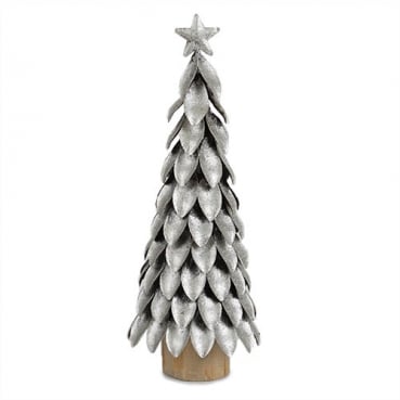 Metall Weihnachtsbaum in Silber glitzernd mit Holz Sockel, 26 cm