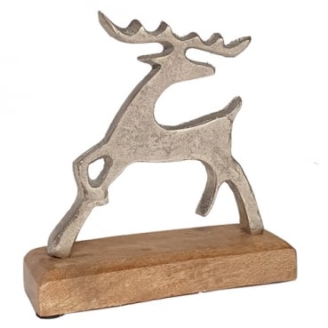 Metall Hirsch in Silber mit Holz Sockel, 15,5 cm