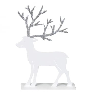 Dekofigur Metall Hirsch, stehend in Weiß mit Geweih in Silber glitzernd, 18 cm