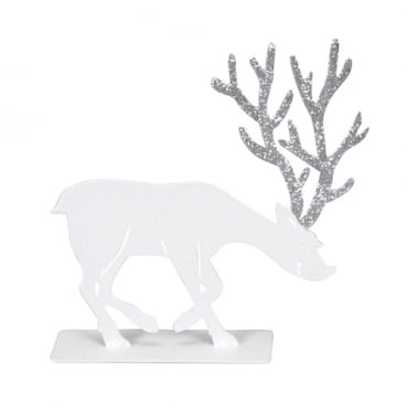 Dekofigur Metall Hirsch, geduckt in Weiß mit Geweih in Silber glitzernd, 15 cm
