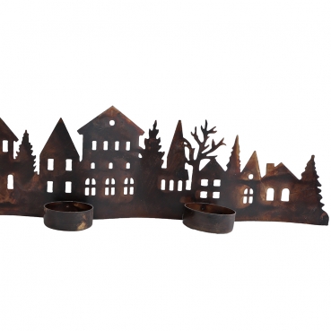 Metall Häuserreihe mit 3 Teelichthaltern in Antik-Braun, 48 cm.