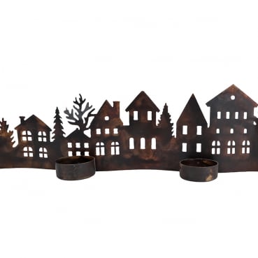 Metall Häuserreihe mit 3 Teelichthaltern in Antik-Braun, 48 cm.