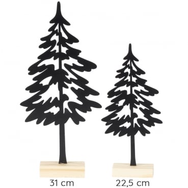 Deko Metall Tannenbäume auf Holzsockel, Größe 31 cm und 22,5 cm.