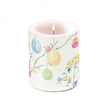 Tischkerze Ostereier und Blumen in Pastellfarben, 90 mm, 35 h Brenndauer