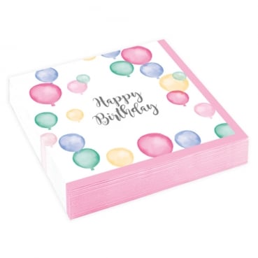 20er Pack Cocktail Servietten -Happy Birthday- Luftballons in Pastellfarben, 24 x 24 cm