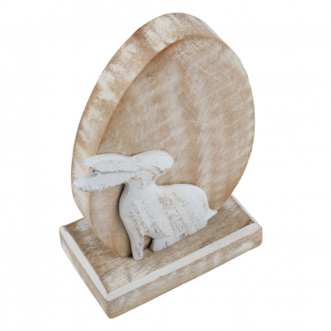 Mangoholz Osterei mit Hase, in Hellbraun/Weiß, 13,5 cm.