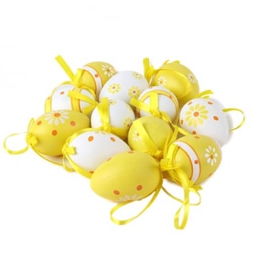 12 Ostereier gemustert zum Aufhängen in Gelb