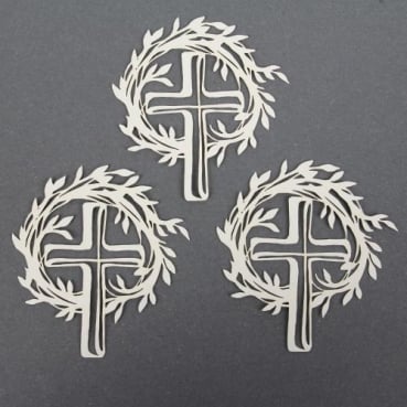 3 Papier Kreuze mit Kranz, Laser Cut, für Kartengestaltung, Basteln, 67 mm