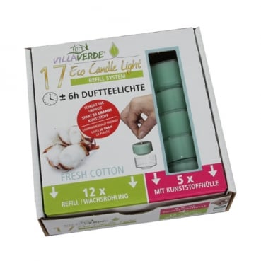 Refill System Starter Set, 17 Duftteelichter Fresh Cotton, 5 x mit Hülle, 12 x Wachsrohlinge, 6 h Brenndauer