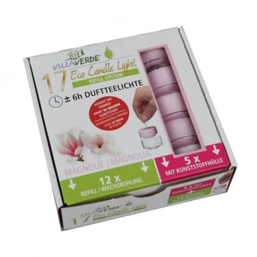 Refill System Starter Set, 17 Duftteelichter Magnolie, 5 x mit Hülle, 12 x Wachsrohlinge, 6 h Brenndauer