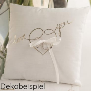 Hochzeit Ringkissen -Love you- in Weiß mit goldener Schrift Hochzeit Ringkissen -Lov you- in Weiß mit goldener Schrift.