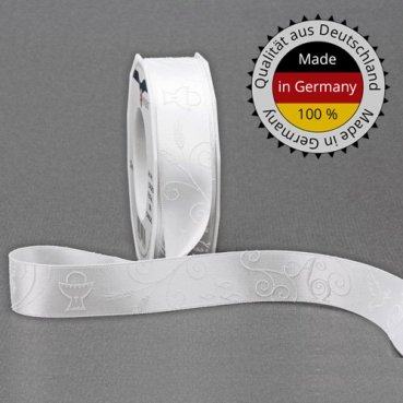 10 Meter Tischband Kommunion, Hochzeit, Taufe, Stickmotive in Weiß, 25 mm