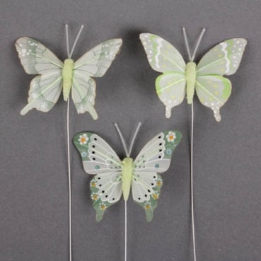 3er Set Schmetterlinge am Draht in Mintgrün, 75 - 80 mm