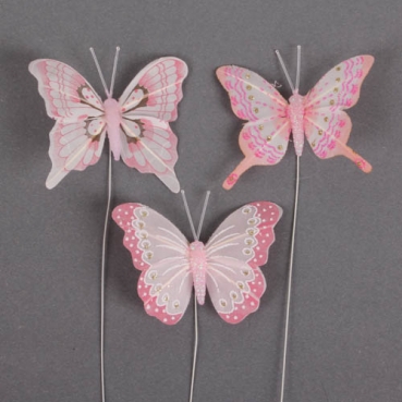 3er Set Schmetterlinge am Draht in Rosa mit Glitzer, 75 - 80 mm