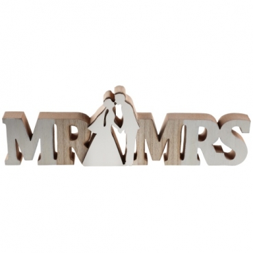 Holz Aufsteller Hochzeit, Schriftzug MR & MRS in Hellbraun/Weiß, 33 cm