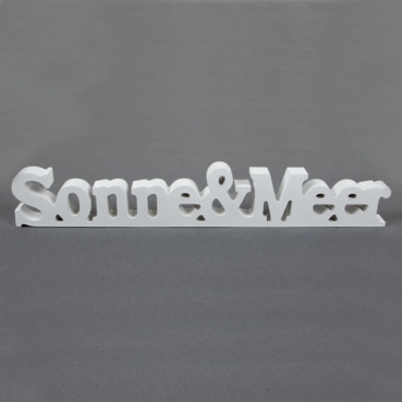 Holz Aufsteller Schriftzug Sonne & Meer in Weiß, 36 cm