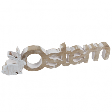 Mangoholz Schriftzug -Ostern- mit Hase, in Hellbraun/Weiß, 40 cm.