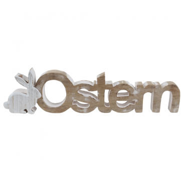 Mangoholz Schriftzug -Ostern- mit Hase, in Hellbraun/Weiß, 40 cm.