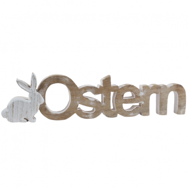 Mangoholz Schriftzug -Ostern- mit Hase, in Hellbraun/Weiß, 40 cm
