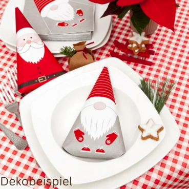 Dekobeispiel für die Servietten Weihnachtswichtel und Weihnachtsmann zum Falten, 33 x 33 cm.