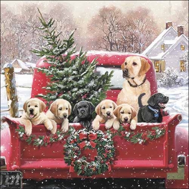 20er Pack Servietten Hundefamilie auf Weihnachtsreise,  33 x 33 cm