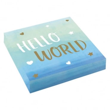 16er Pack Servietten Babyparty -Hello World- in Hellblau, 33 x 33 cm