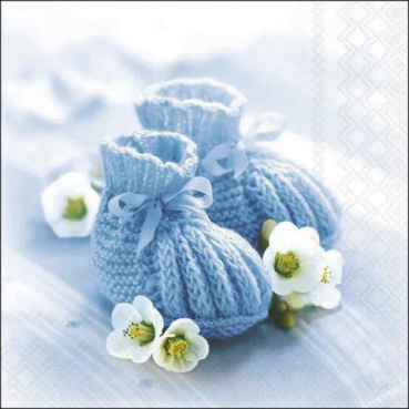 20er Pack Servietten Taufe, Baby Strickschühchen in Blau, 33 x 33 cm