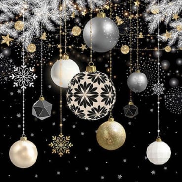 20er Pack Servietten Glamouröser Christbaumschmuck in Schwarz/Gold, 33 x 33 cm