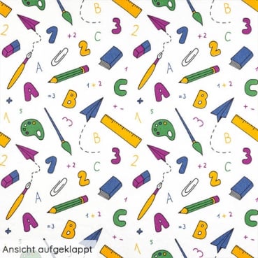 Servietten Einschulung, ABC, Schulsymbole, 33 x 33 cm, Ansicht aufgeklappt.