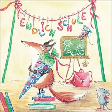 20er Pack Servietten Einschulung, Fuchs mit Schultüte, 33 x 33 cm