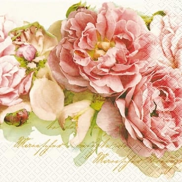 20er Pack Servietten Englische Rosen, Mary Roses in Lachsrosa, 33 x 33 cm
