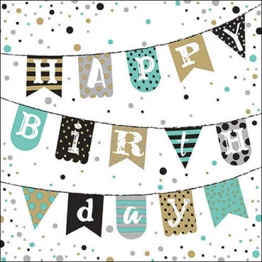 20er Pack Servietten Geburtstag, Happy Birthday Wimpelkette in Mintgrün/Schwarz, 33 x 33 cm