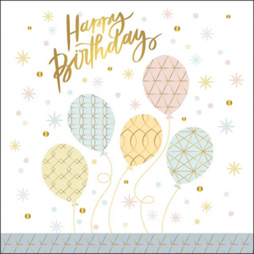 20er Pack Servietten Geburtstag, Happy Birthday, Ballons in Pastell/Gold, 33 x 33 cm