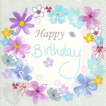 20er Pack Servietten Happy Birthday, Blüten in Pastellfarben, 33 x 33 cm