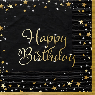 16er Pack Servietten Funkelnder Schriftzug Happy Birthday, Geburtstag, 33 x 33 cm