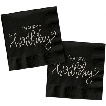 20er Pack Servietten Geburtstag, -Happy Birthday- in Schwarz, 33 x 33 cm