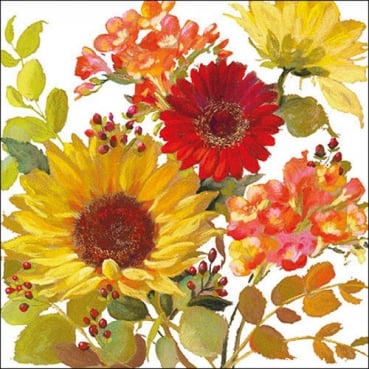 20er Pack Servietten Sonnenblumen, Gerbera und Blätter, 33 x 33 cm